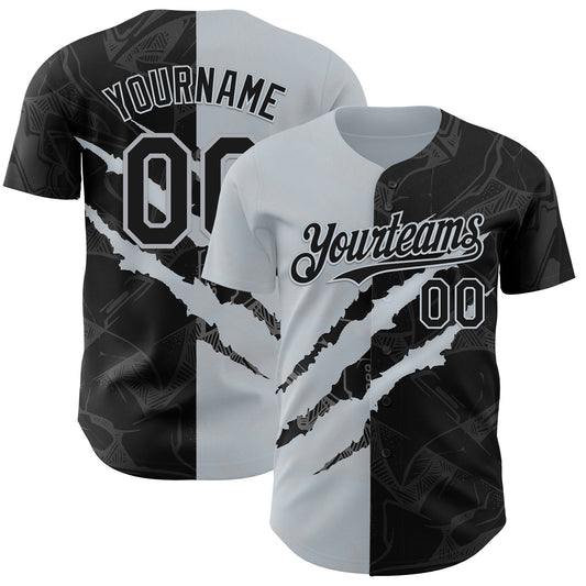 Custom Graffiti Pattern Black-Silver 3D Scratch Authentic Baseball Jersey - Main View