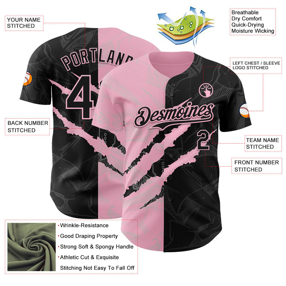 Custom Graffiti Pattern Black-Light Pink 3D Scratch Authentic Baseball Jersey view 3