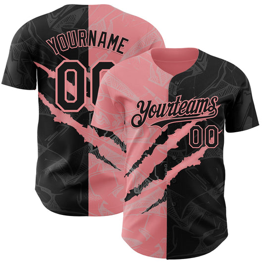 Custom Graffiti Pattern Black-Medium Pink 3D Scratch Authentic Baseball Jersey - Main View
