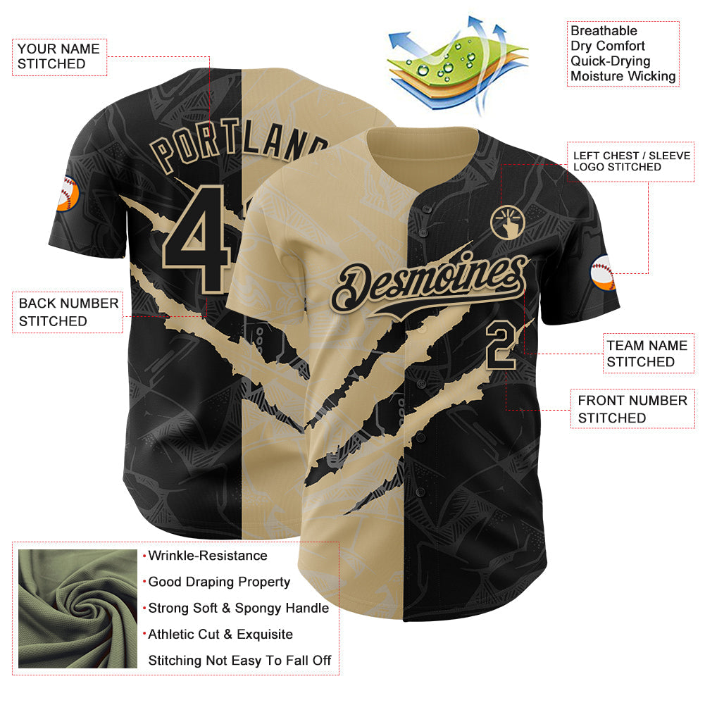 Custom Graffiti Pattern Black-Vegas Gold 3D Scratch Authentic Baseball Jersey view 3