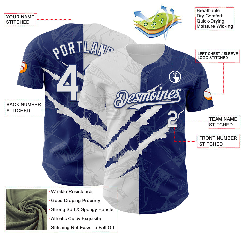 Custom Graffiti Pattern White-Royal 3D Scratch Authentic Baseball Jersey view 3