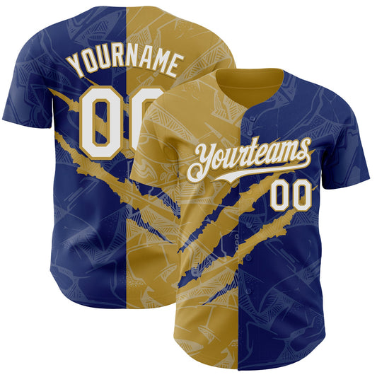 Custom Graffiti Pattern White Royal-Old Gold 3D Scratch Authentic Baseball Jersey - Main View
