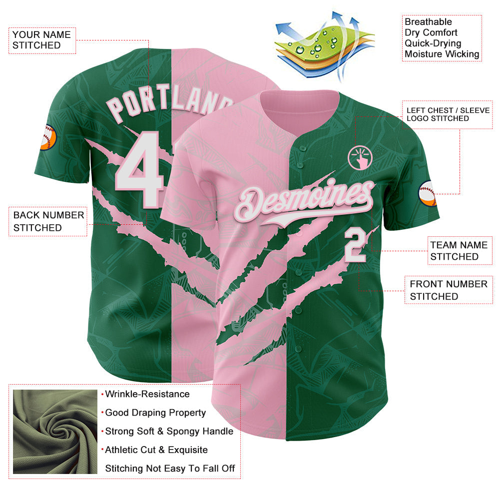 Custom Graffiti Pattern White Kelly Green-Light Pink 3D Scratch Authentic Baseball Jersey view 3