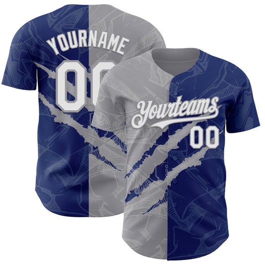 Custom Graffiti Pattern White Royal-Gray 3D Scratch Authentic Baseball Jersey - Main View