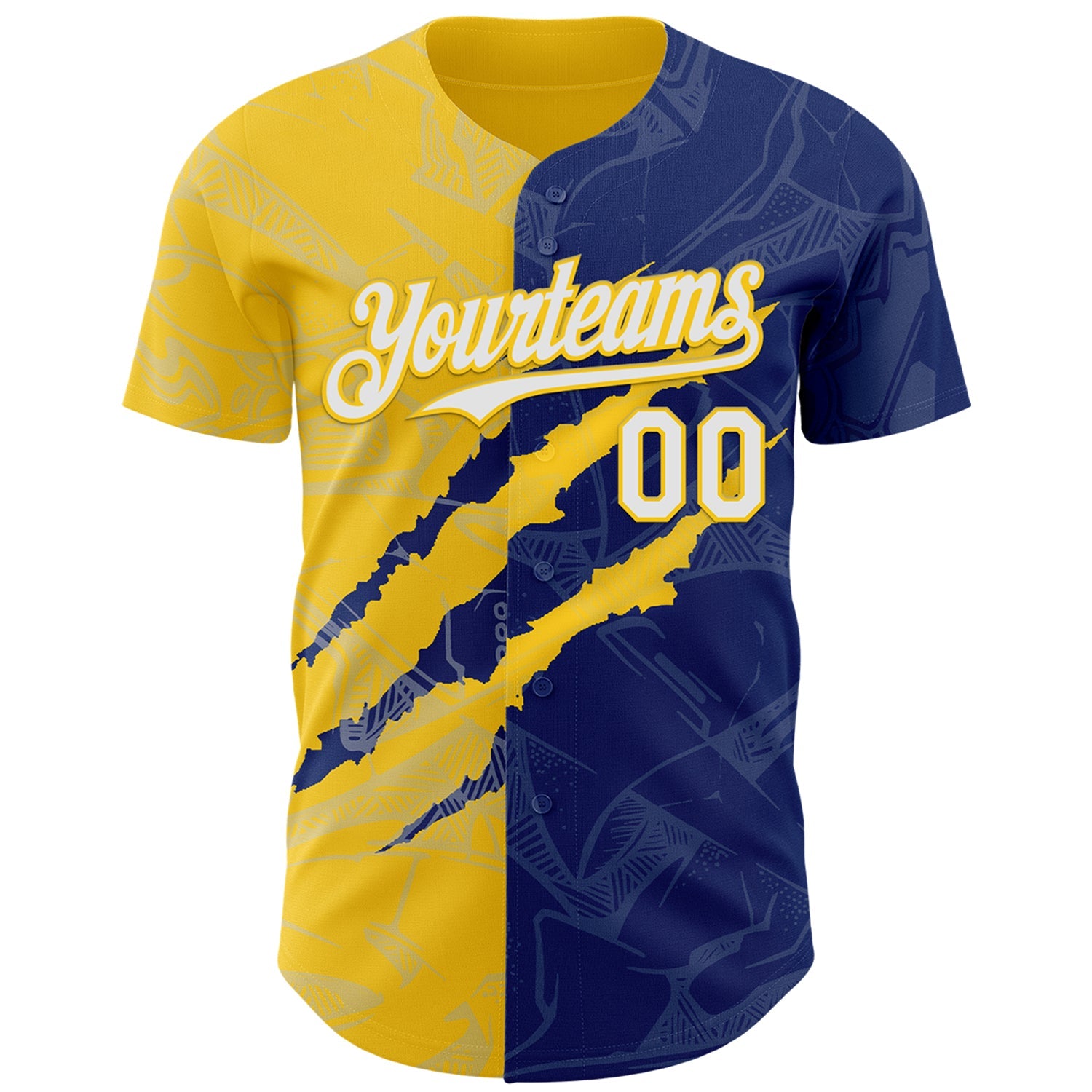 Custom Graffiti Pattern White Royal-Yellow 3D Scratch Authentic Baseball Jersey view 2