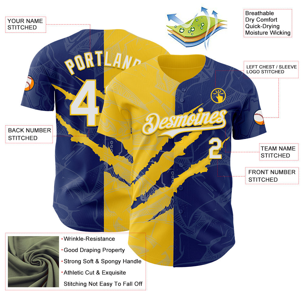 Custom Graffiti Pattern White Royal-Yellow 3D Scratch Authentic Baseball Jersey view 3