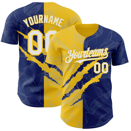 Custom Graffiti Pattern White Royal-Yellow 3D Scratch Authentic Baseball Jersey - Main View