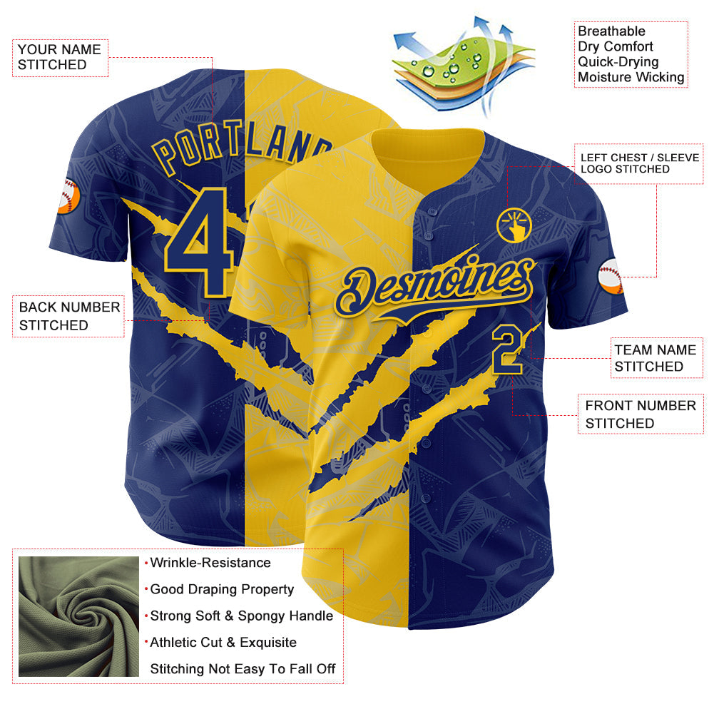 Custom Graffiti Pattern Royal-Yellow 3D Scratch Authentic Baseball Jersey view 3