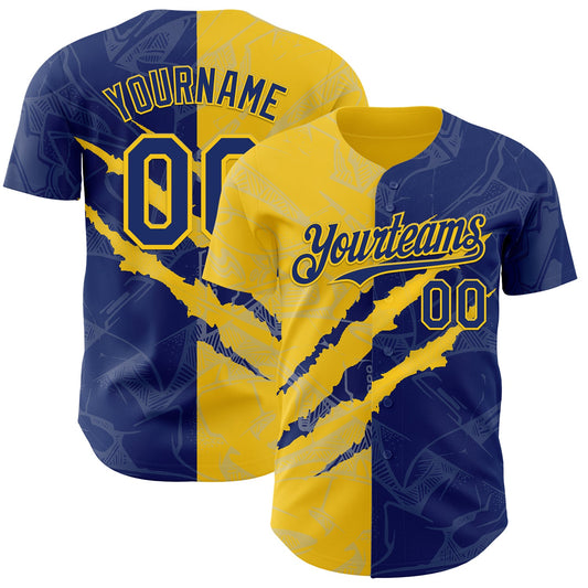 Custom Graffiti Pattern Royal-Yellow 3D Scratch Authentic Baseball Jersey - Main View