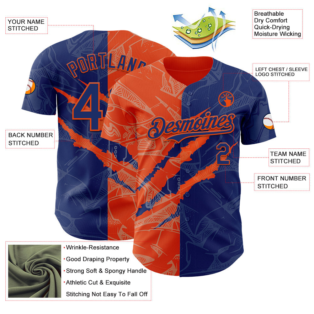 Custom Graffiti Pattern Royal-Orange 3D Scratch Authentic Baseball Jersey view 3