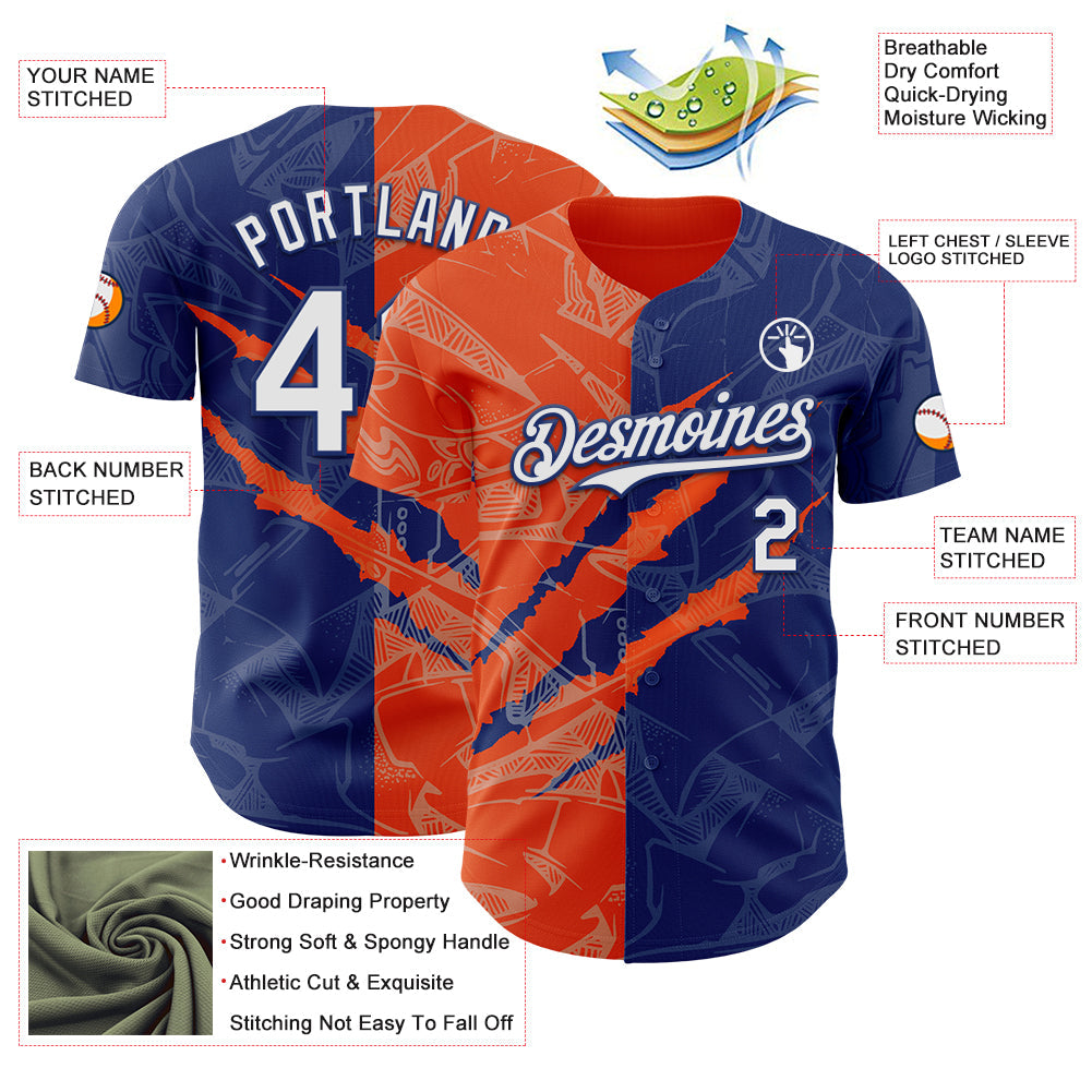 Custom Graffiti Pattern White Royal-Orange 3D Scratch Authentic Baseball Jersey view 3