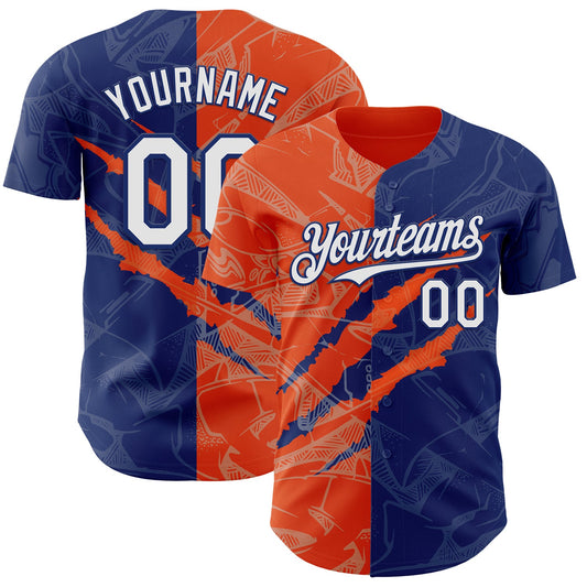 Custom Graffiti Pattern White Royal-Orange 3D Scratch Authentic Baseball Jersey - Main View