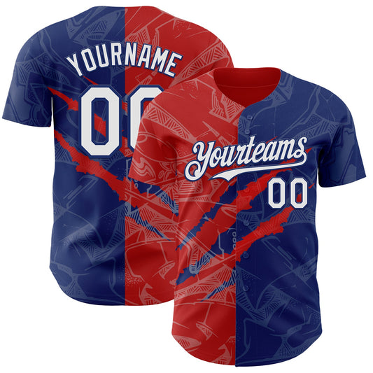 Custom Graffiti Pattern White Royal-Red 3D Scratch Authentic Baseball Jersey - Main View