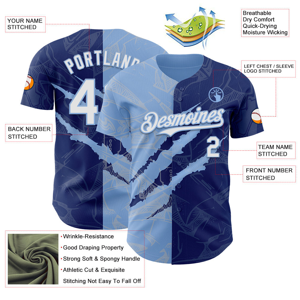Custom Graffiti Pattern White Royal-Light Blue 3D Scratch Authentic Baseball Jersey view 3