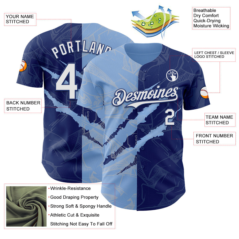 Custom Graffiti Pattern White Royal-Light Blue 3D Scratch Authentic Baseball Jersey view 3
