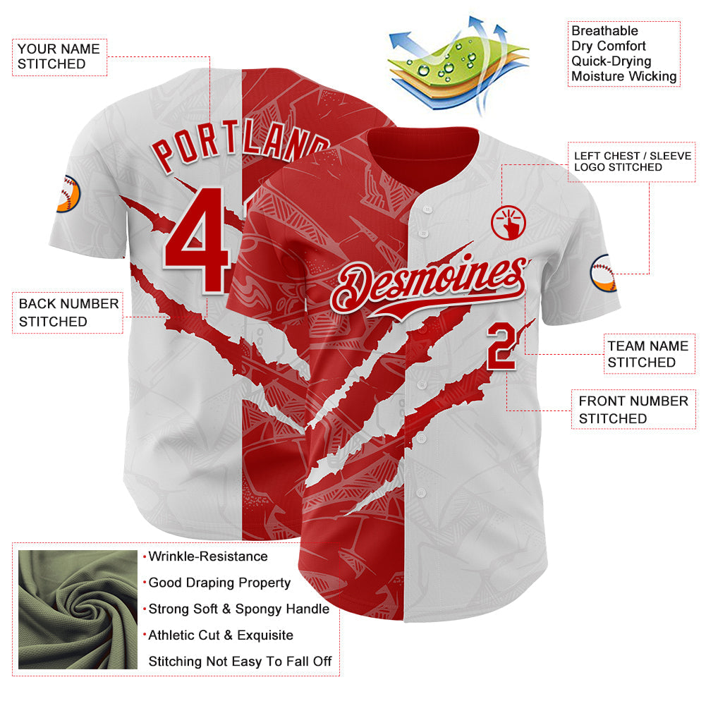 Custom Graffiti Pattern Red-White 3D Scratch Authentic Baseball Jersey view 3