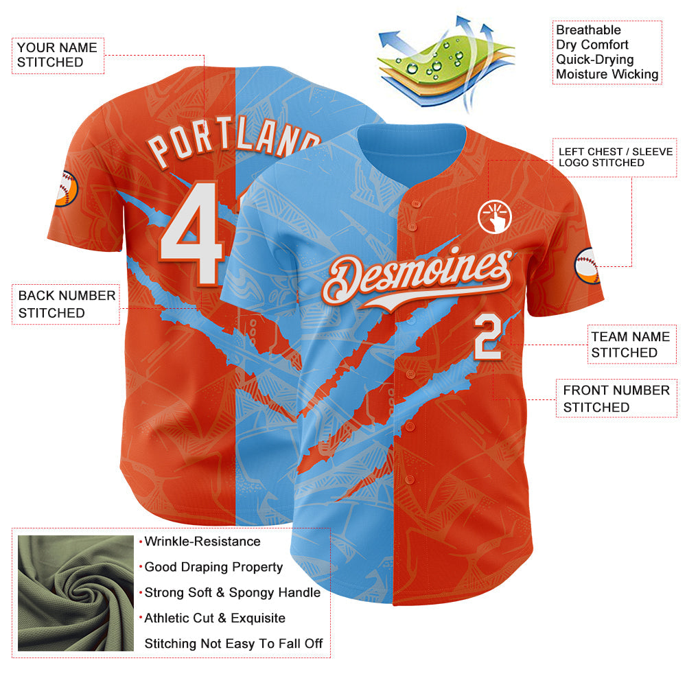 Custom Graffiti Pattern White Orange-Sky Blue 3D Scratch Authentic Baseball Jersey view 3
