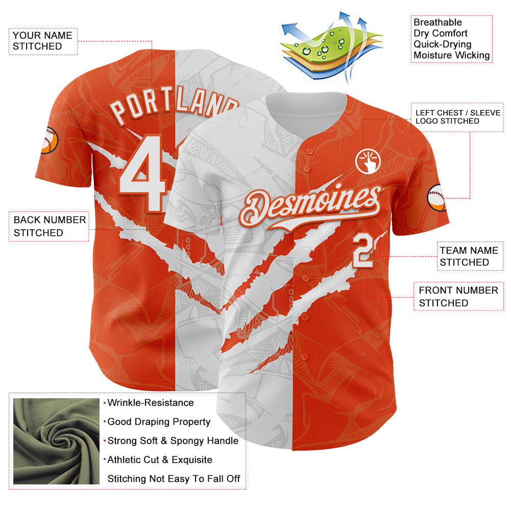 Custom Graffiti Pattern White-Orange 3D Scratch Authentic Baseball Jersey view 3
