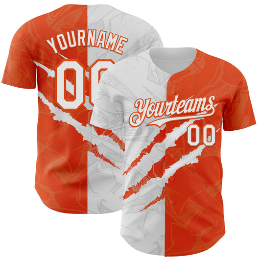 Custom Graffiti Pattern White-Orange 3D Scratch Authentic Baseball Jersey - Main View