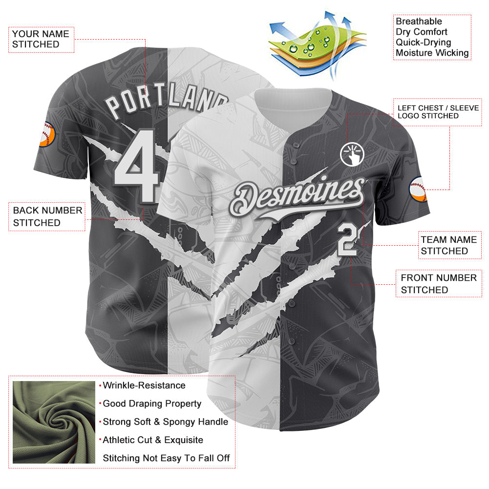 Custom Graffiti Pattern White-Steel Gray 3D Scratch Authentic Baseball Jersey view 3