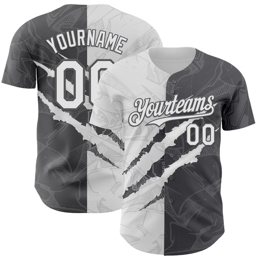 Custom Graffiti Pattern White-Steel Gray 3D Scratch Authentic Baseball Jersey - Main View