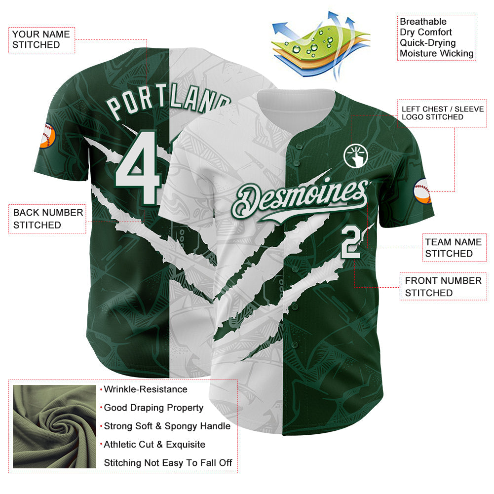 Custom Graffiti Pattern White-Green 3D Scratch Authentic Baseball Jersey view 3