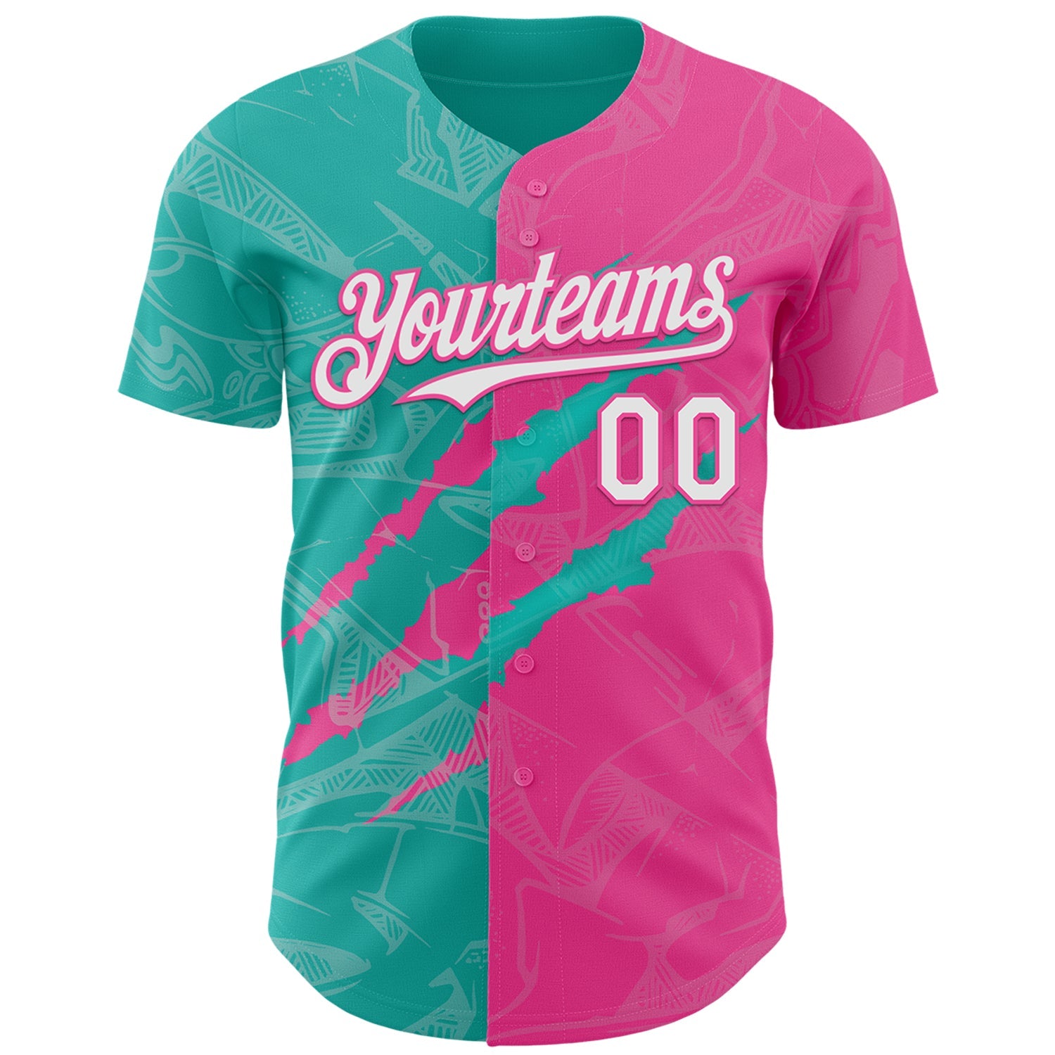 Custom Graffiti Pattern White Pink-Aqua 3D Scratch Authentic Baseball Jersey view 2