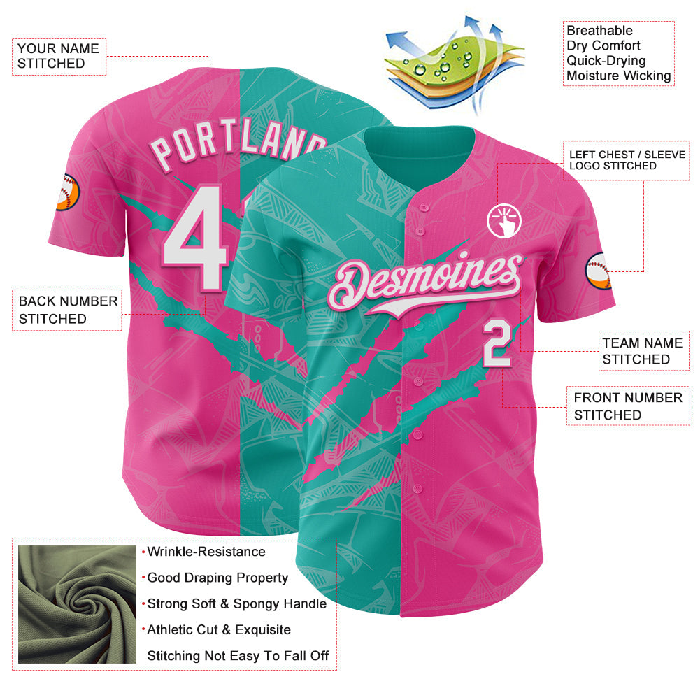 Custom Graffiti Pattern White Pink-Aqua 3D Scratch Authentic Baseball Jersey view 3