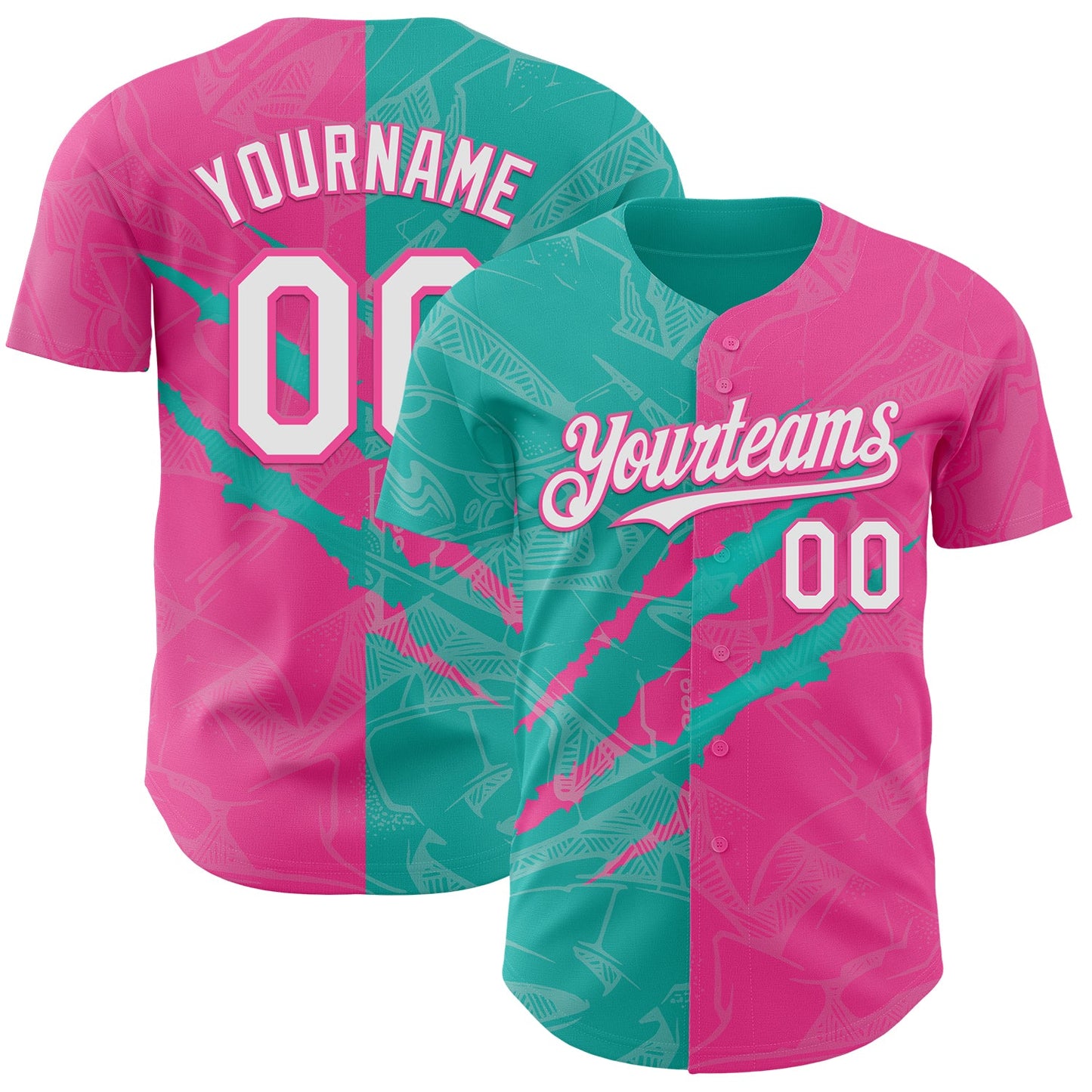 Custom Graffiti Pattern White Pink-Aqua 3D Scratch Authentic Baseball Jersey - Main View