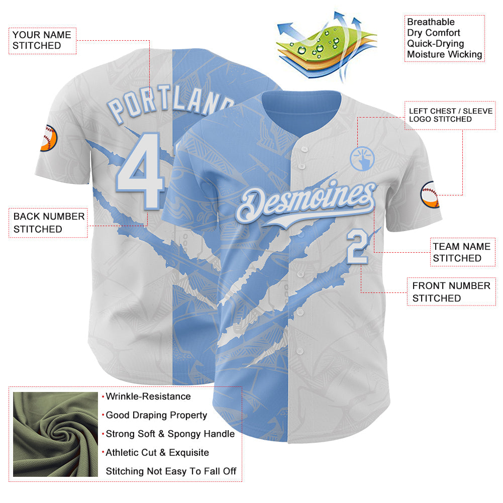 Custom Graffiti Pattern White-Light Blue 3D Scratch Authentic Baseball Jersey view 3