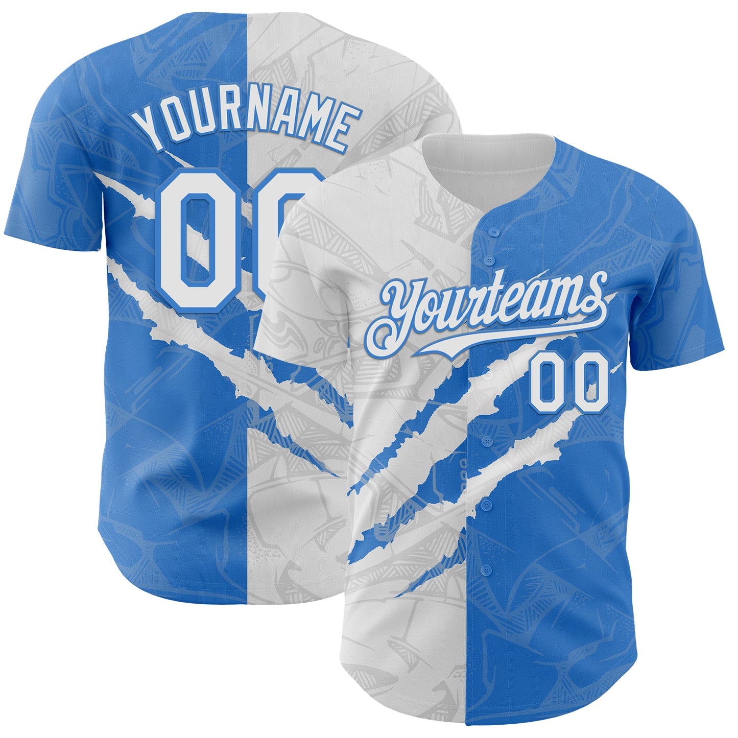 Custom Graffiti Pattern White-Electric Blue 3D Scratch Authentic Baseball Jersey - Main View