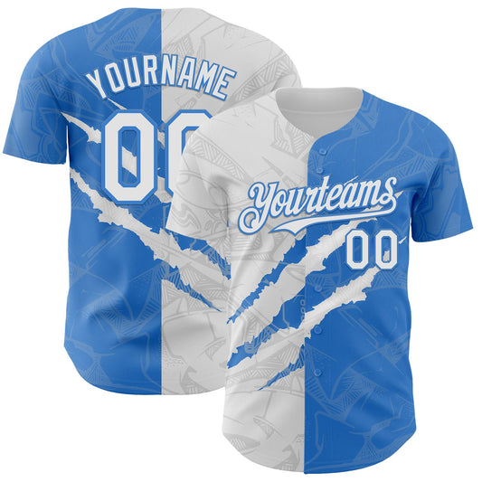 Custom Graffiti Pattern White-Electric Blue 3D Scratch Authentic Baseball Jersey - Main View