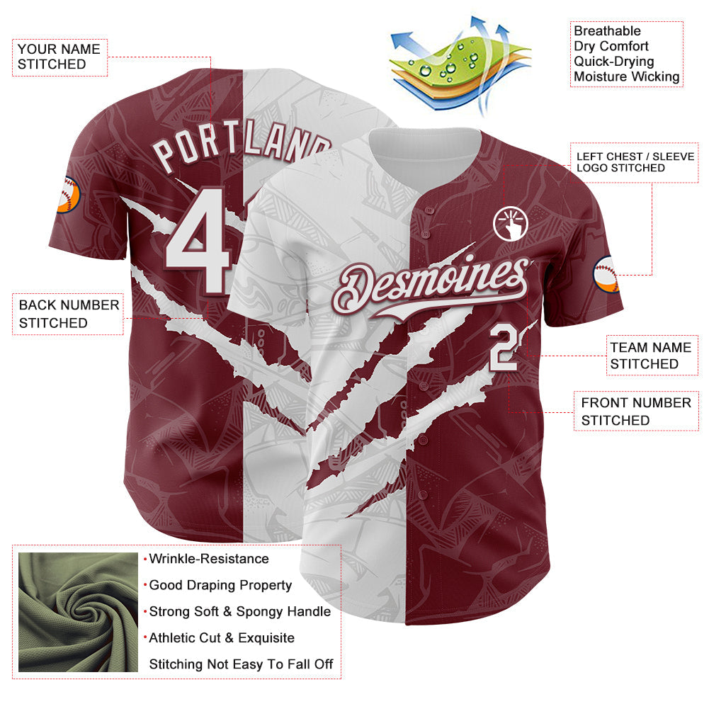 Custom Graffiti Pattern White-Burgundy 3D Scratch Authentic Baseball Jersey view 3