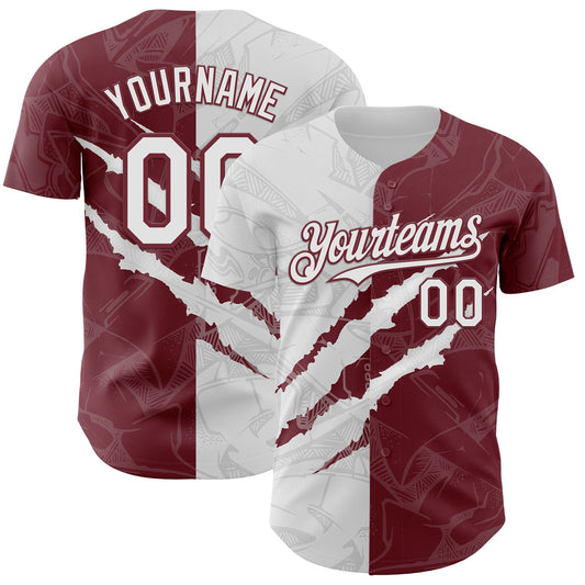 Custom Graffiti Pattern White-Burgundy 3D Scratch Authentic Baseball Jersey - Main View