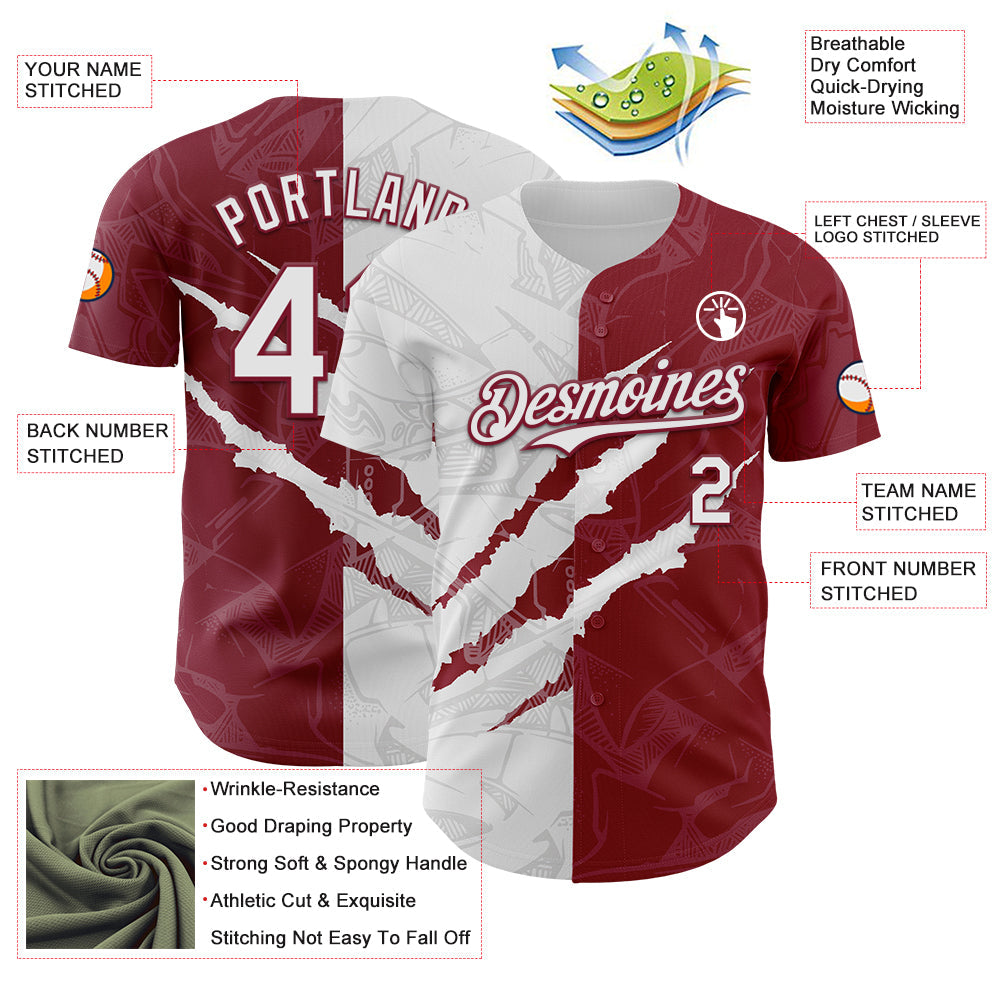 Custom Graffiti Pattern White-Crimson 3D Scratch Authentic Baseball Jersey view 3