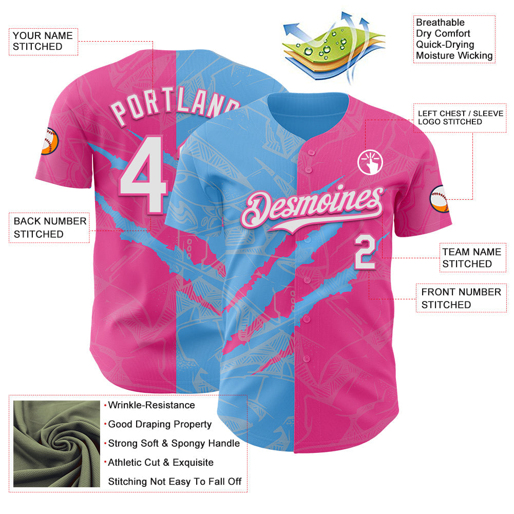 Custom Graffiti Pattern White Pink-Sky Blue 3D Scratch Authentic Baseball Jersey view 3