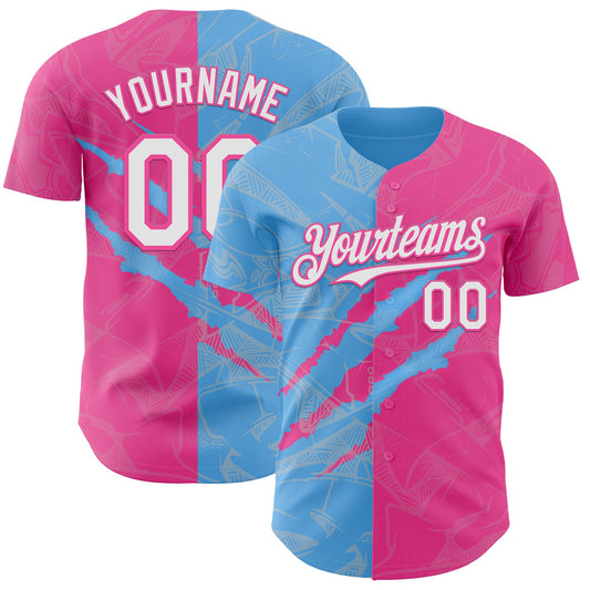 Custom Graffiti Pattern White Pink-Sky Blue 3D Scratch Authentic Baseball Jersey - Main View
