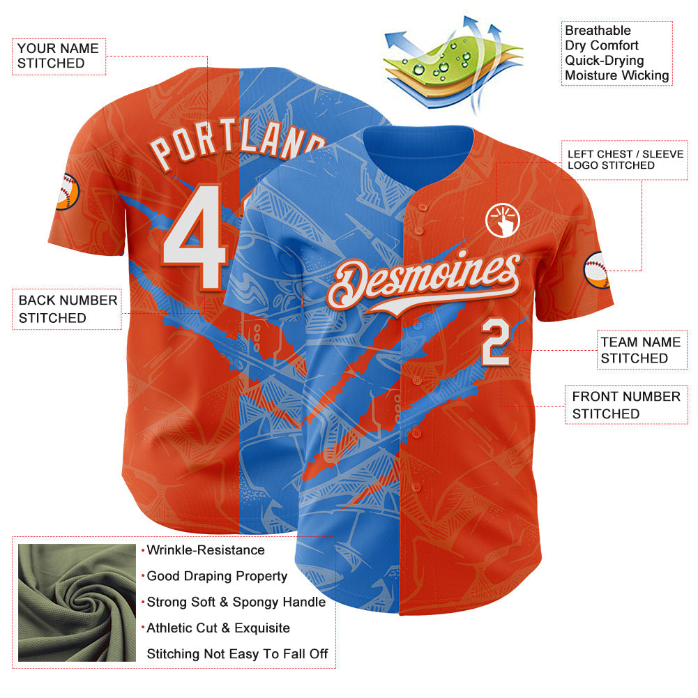 Custom Graffiti Pattern White Orange-Electric Blue 3D Scratch Authentic Baseball Jersey view 3