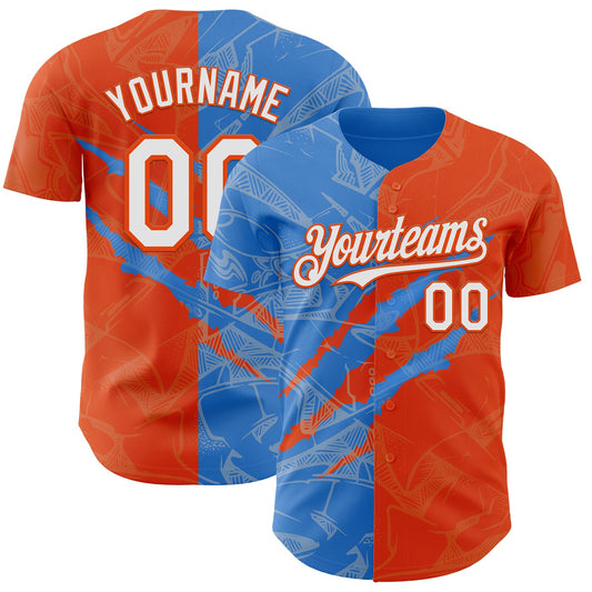 Custom Graffiti Pattern White Orange-Electric Blue 3D Scratch Authentic Baseball Jersey - Main View