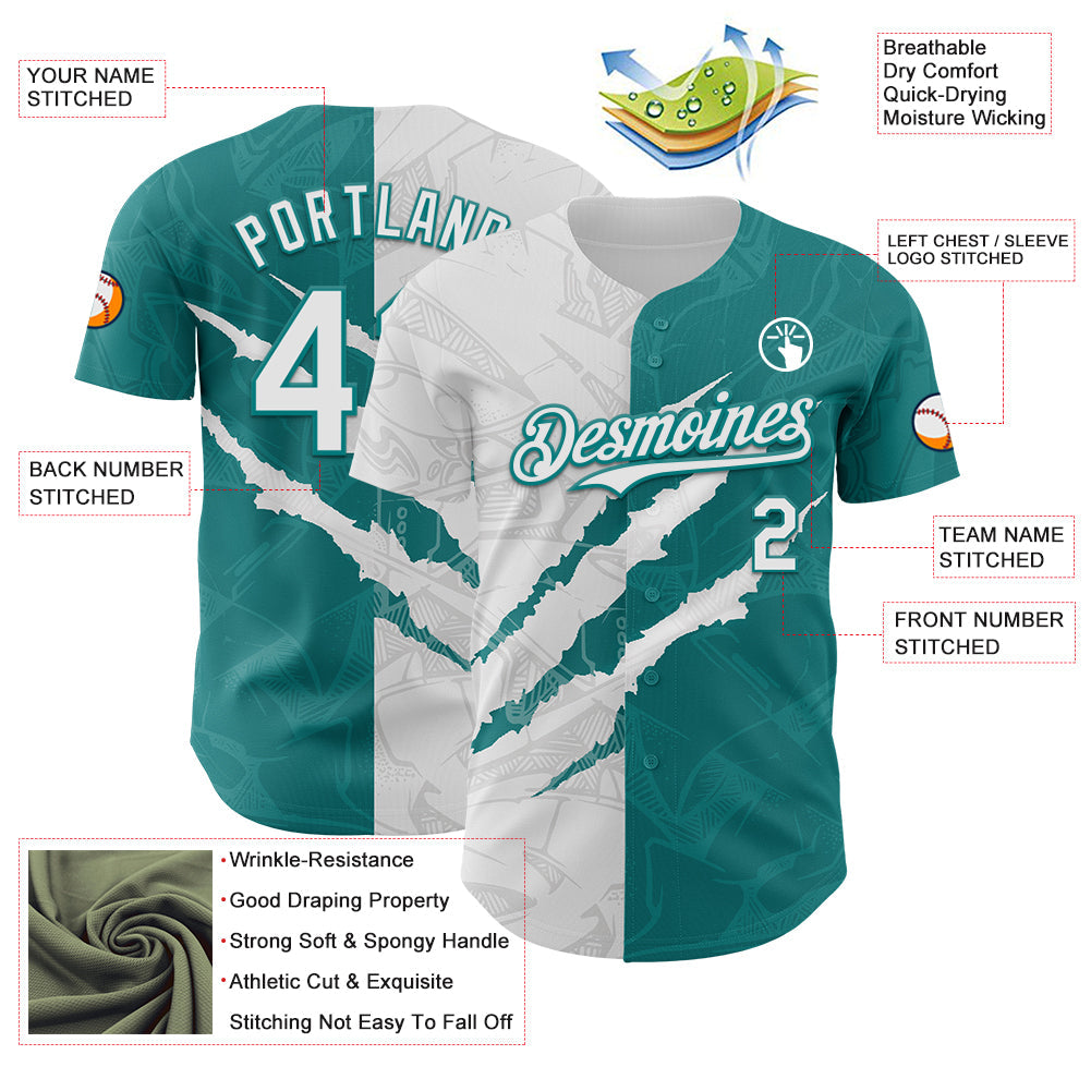 Custom Graffiti Pattern White-Teal 3D Scratch Authentic Baseball Jersey view 3