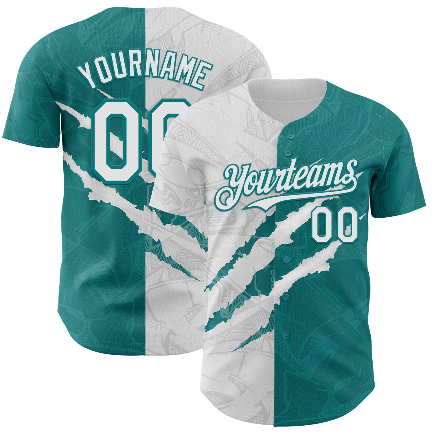 Custom Graffiti Pattern White-Teal 3D Scratch Authentic Baseball Jersey - Main View