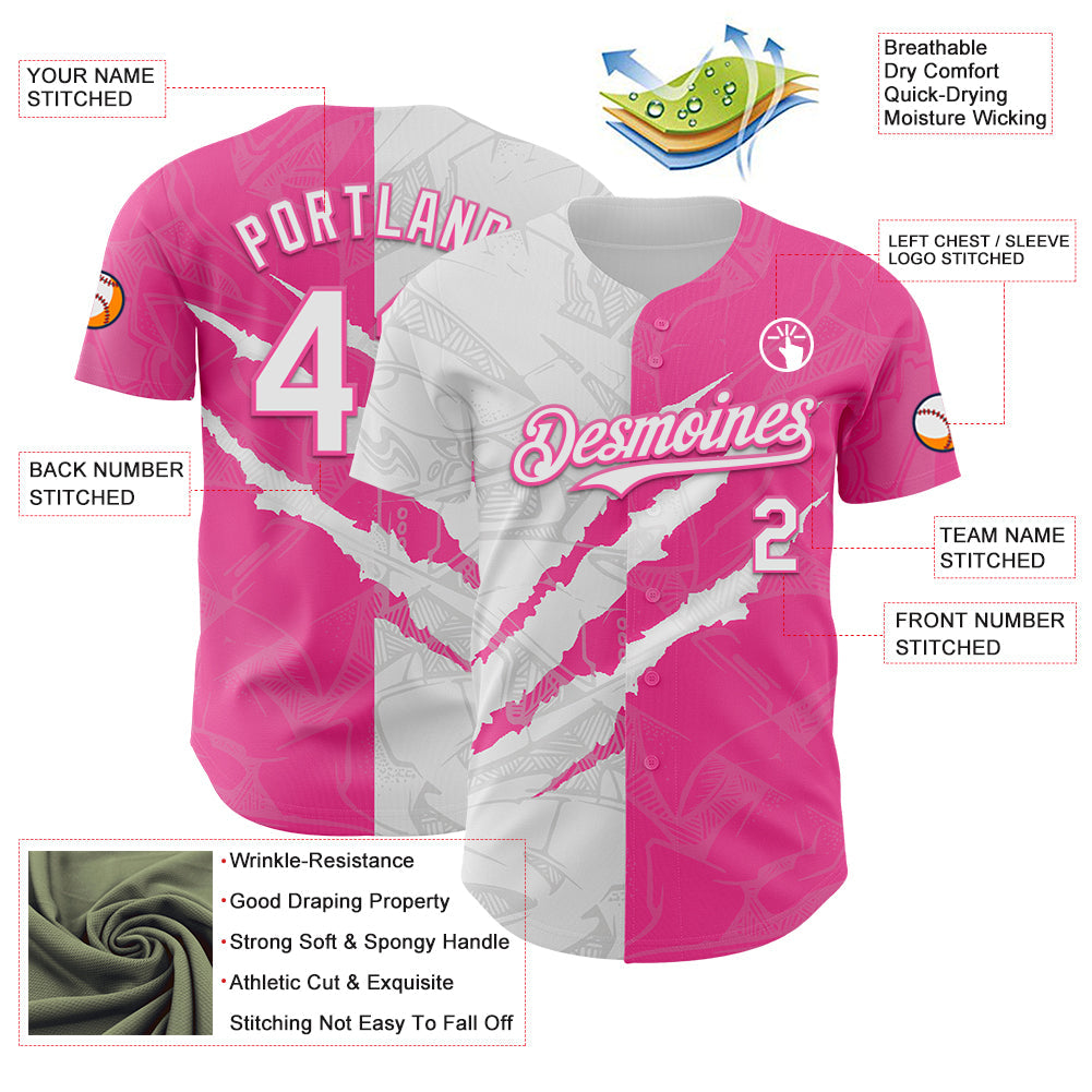 Custom Graffiti Pattern White-Pink 3D Scratch Authentic Baseball Jersey view 3