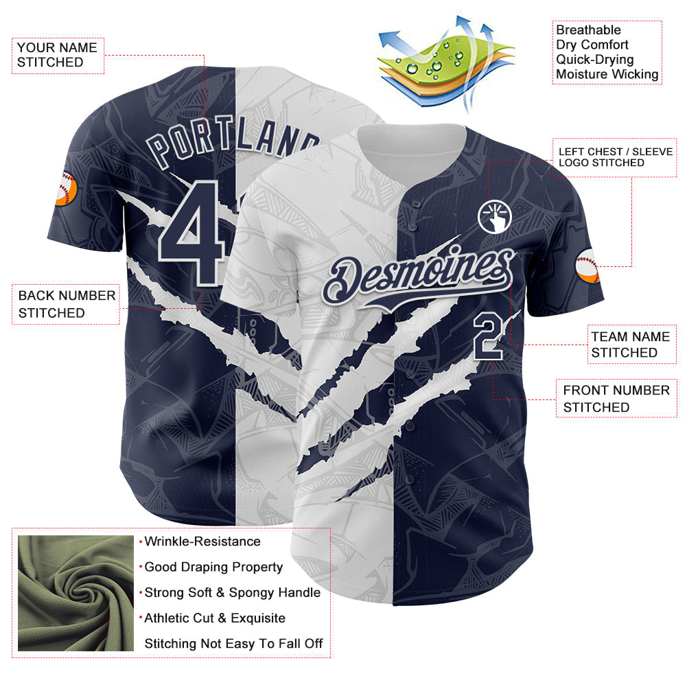 Custom Graffiti Pattern Navy-White 3D Scratch Authentic Baseball Jersey view 3