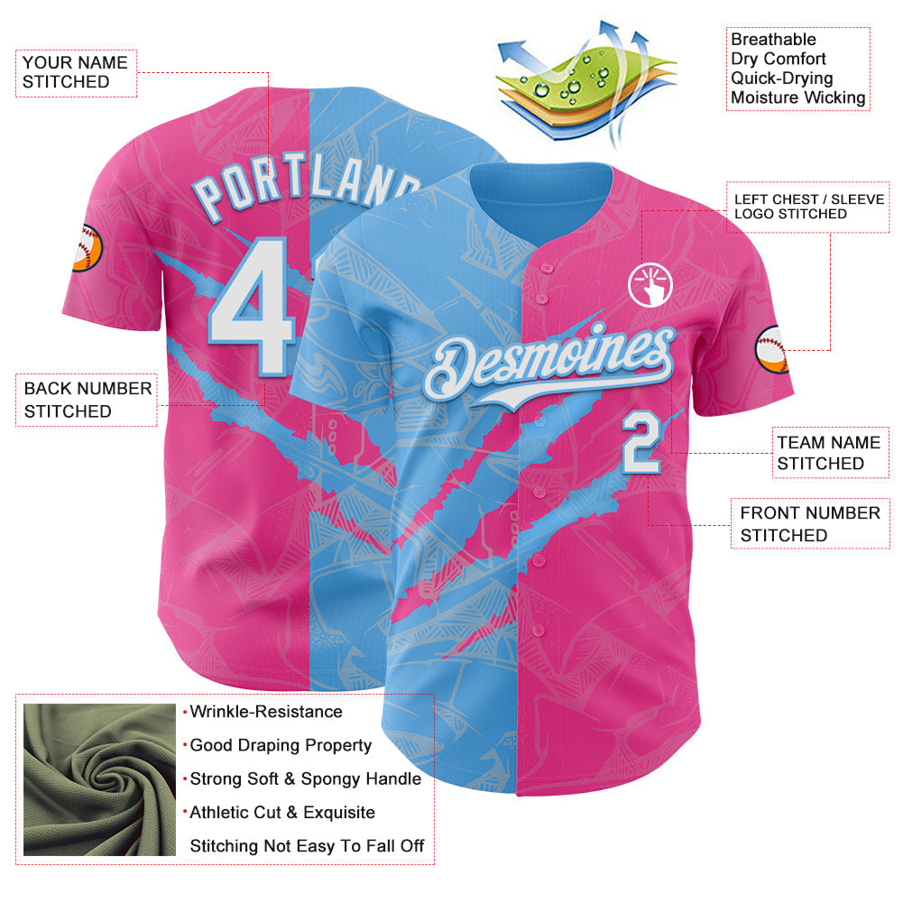 Custom Graffiti Pattern White Pink-Sky Blue 3D Scratch Authentic Baseball Jersey view 3