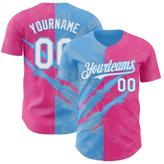 Custom Graffiti Pattern White Pink-Sky Blue 3D Scratch Authentic Baseball Jersey - Main View