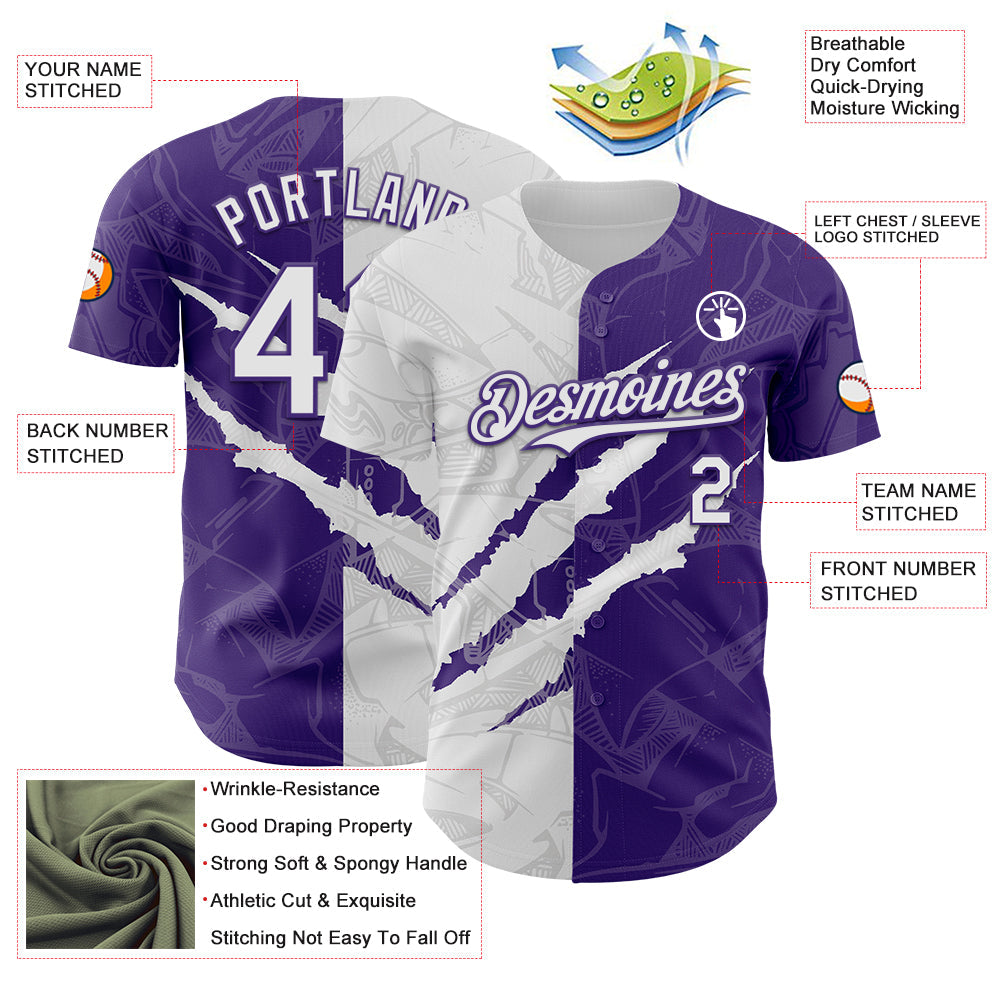 Custom Graffiti Pattern White-Purple 3D Scratch Authentic Baseball Jersey view 3