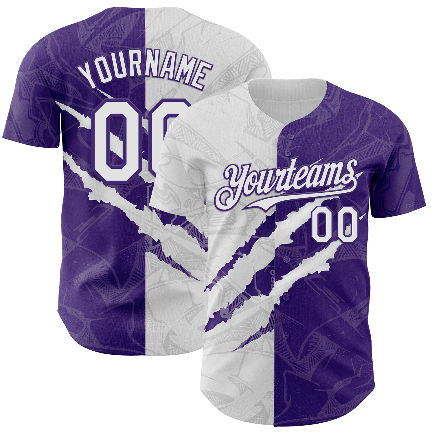 Custom Graffiti Pattern White-Purple 3D Scratch Authentic Baseball Jersey - Main View