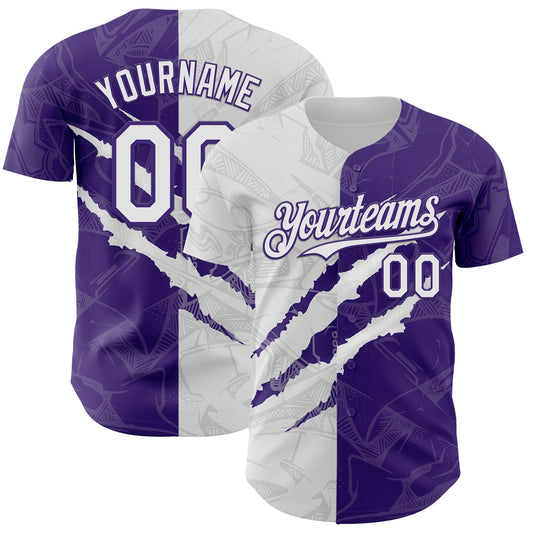 Custom Graffiti Pattern White-Purple 3D Scratch Authentic Baseball Jersey - Main View