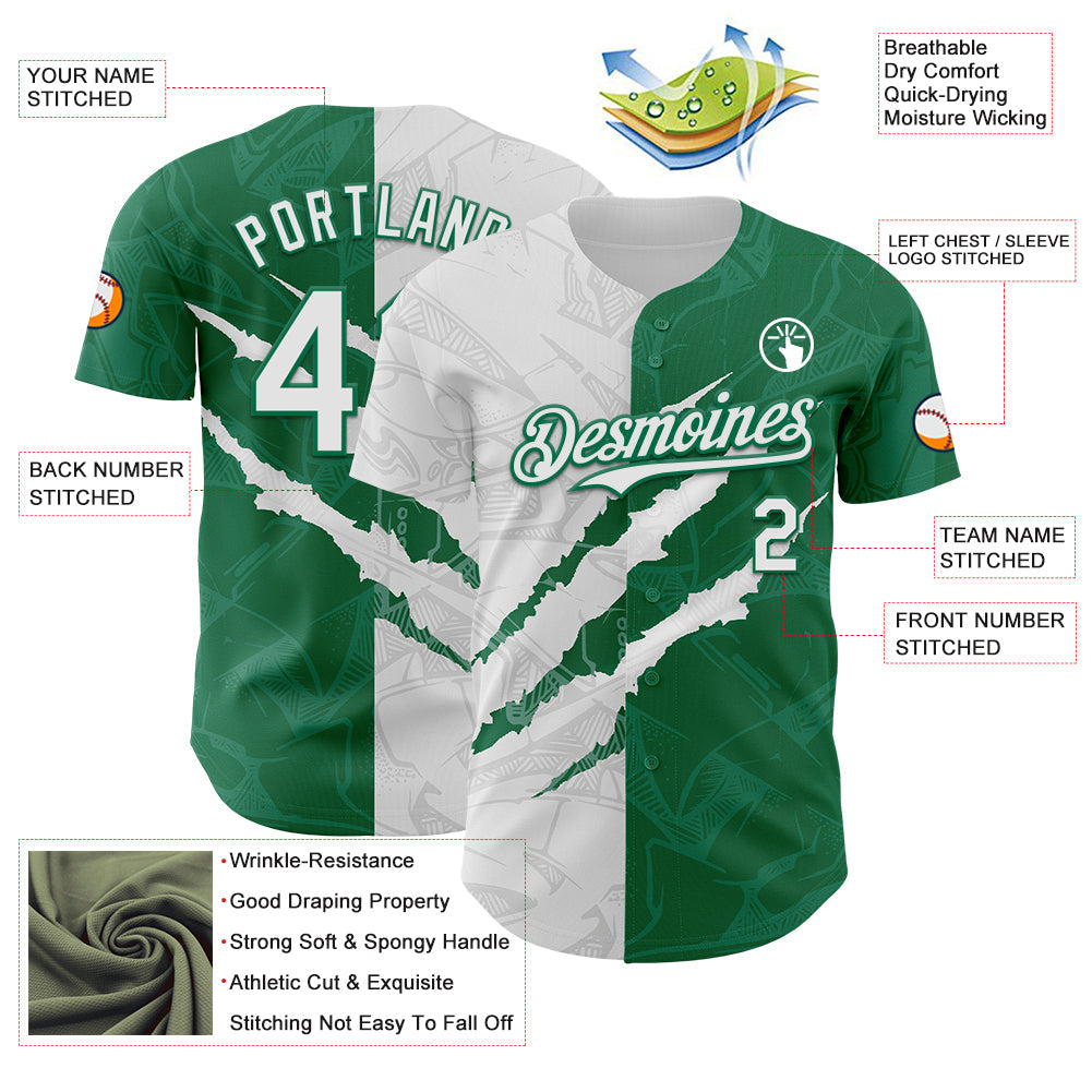 Custom Graffiti Pattern White-Kelly Green 3D Scratch Authentic Baseball Jersey view 3