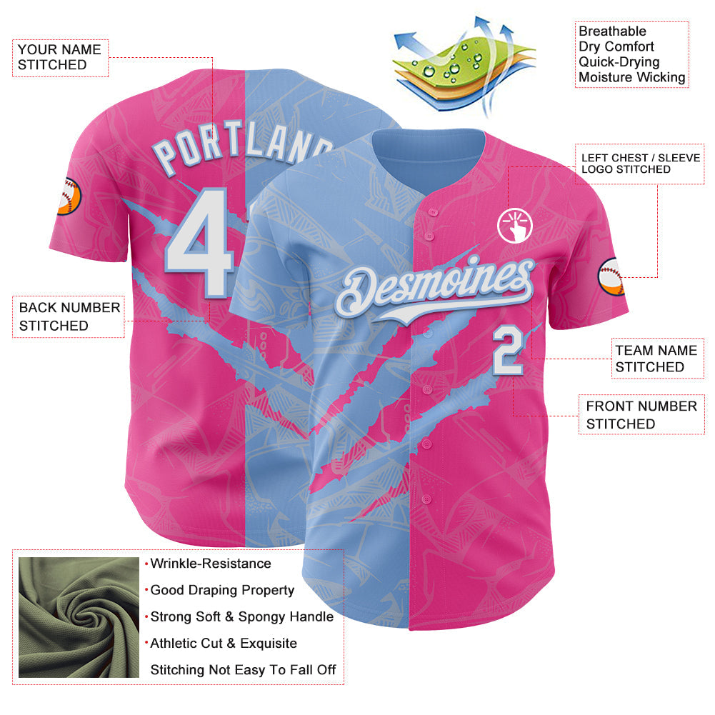 Custom Graffiti Pattern White Pink-Light Blue 3D Scratch Authentic Baseball Jersey view 3